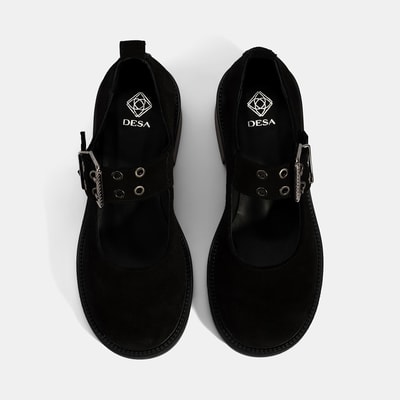 Kadın Siyah Ayarlanabilir Metal Tokalı Mary Jane Süet Ayakkabı