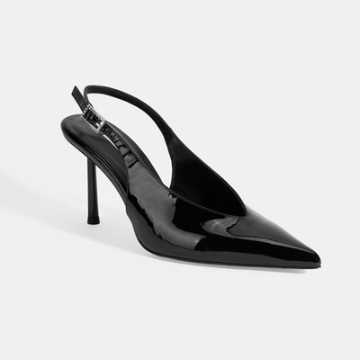 Kadın Siyah Ayarlanabilir Taşlı Toka Detaylı Rugan Topuklu Ayakkabı