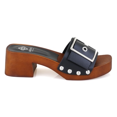 Kadın Siyah Ayarlanabilir Tokalı Deri Terlik