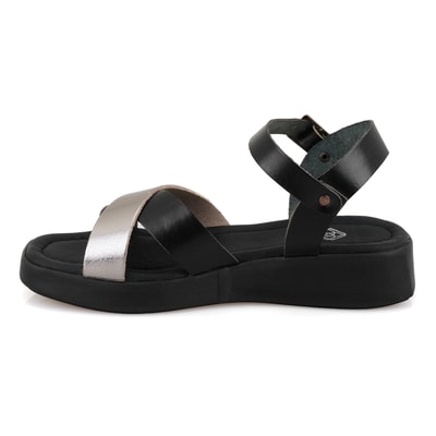 Kadın Siyah Ayarlanabilir Tokalı Deri Sandalet