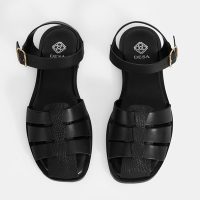 Kadın Siyah Ayarlanabilir Tokalı Deri Sandalet