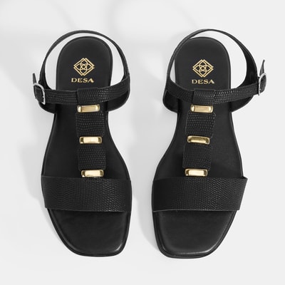 Kadın Siyah Ayarlanabilir Tokalı Deri Sandalet