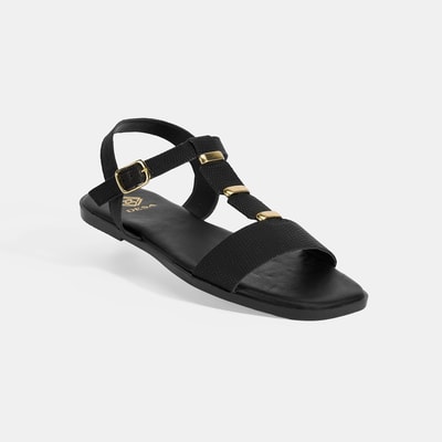 Kadın Siyah Ayarlanabilir Tokalı Deri Sandalet