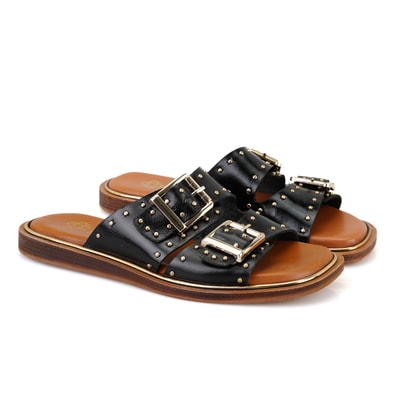 Kadın Siyah Ayarlanabilir Tokalı Deri Terlik