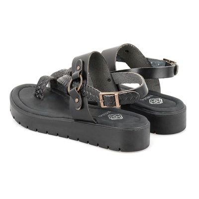 Kadın Siyah Ayarlanabilir Tokalı Deri Sandalet