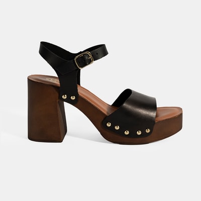 Kadın Siyah Ayarlanabilir Tokalı Deri Topuklu Sandalet