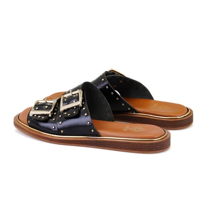 Kadın Siyah Ayarlanabilir Tokalı Deri Terlik