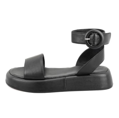 Kadın Siyah Ayarlanabilir Tokalı Deri Sandalet