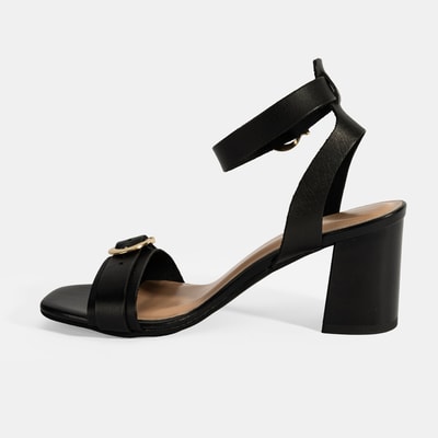 Kadın Siyah Ayarlanabilir Tokalı Deri Topuklu Sandalet