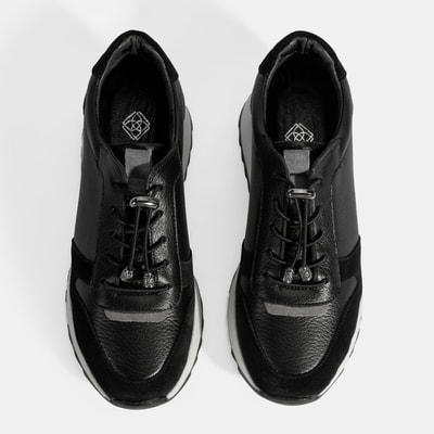 Kadın Siyah Bağcıklı Deri Spor Ayakkabı