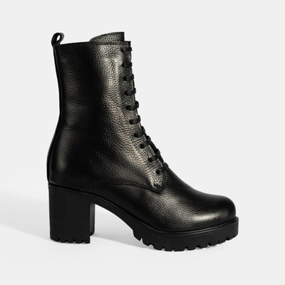 Kadın Siyah Bağcıklı Kalın Topuklu Deri Bot