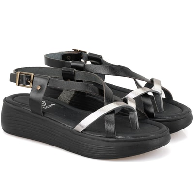 Kadın Siyah Dolgu Tabanlı Deri Sandalet