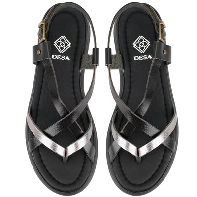 Kadın Siyah Dolgu Tabanlı Deri Sandalet