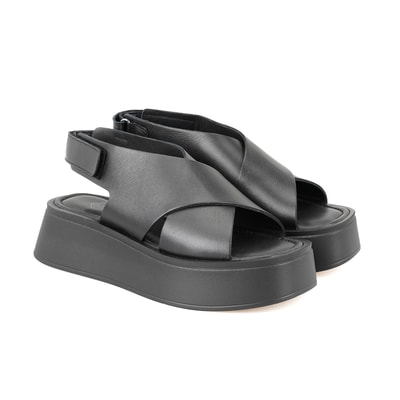 Kadın Siyah Dolgu Topuklu Deri Sandalet