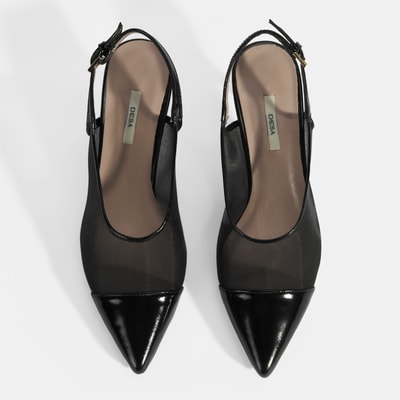 Kadın Siyah Fileli Ayarlanabilir Tokalı Rugan Topuklu Klasik Ayakkabı