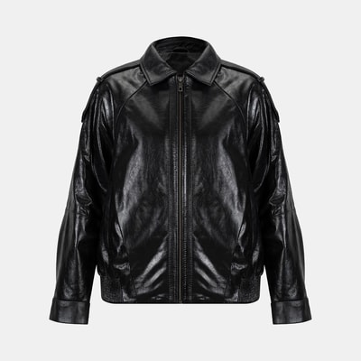 Kadın Siyah Gömlek Yakalı Deri Bomber Ceket