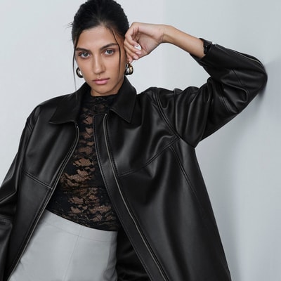 Kadın Siyah Gömlek Yakalı Deri Ceket