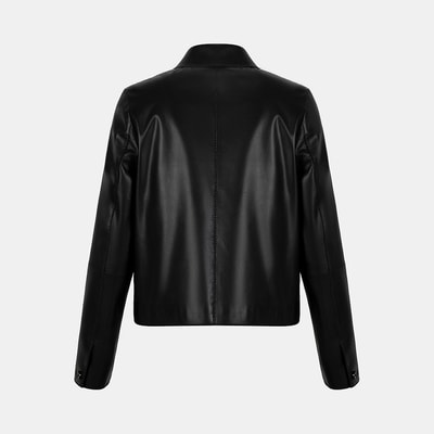 Kadın Siyah Gömlek Yakalı Düğmeli Kısa Deri Ceket