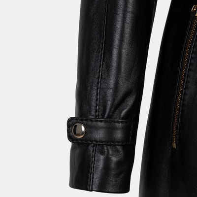 Kadın Siyah Hakim Yakalı Kapüşonlu Deri Kaban