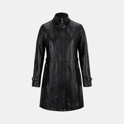 Kadın Siyah Hakim Yakalı Kapüşonlu Deri Kaban