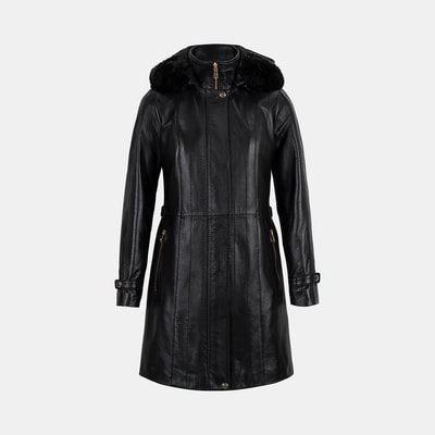 Kadın Siyah Hakim Yakalı Kapüşonlu Deri Kaban