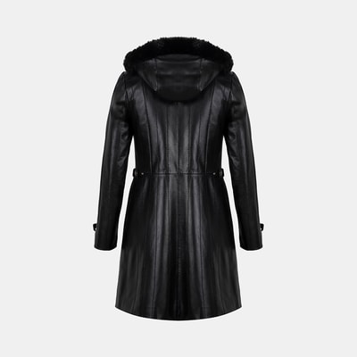 Kadın Siyah Hakim Yakalı Kapüşonlu Deri Kaban