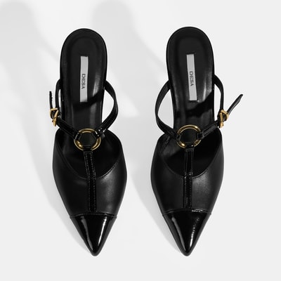 Kadın Siyah Halka Aksesuarlı Deri Abiye Topuklu Terlik