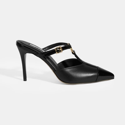 Kadın Siyah Halka Aksesuarlı Deri Abiye Topuklu Terlik