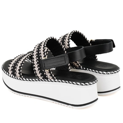 Kadın Siyah Hasır Örgülü Deri Sandalet