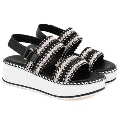 Kadın Siyah Hasır Örgülü Deri Sandalet