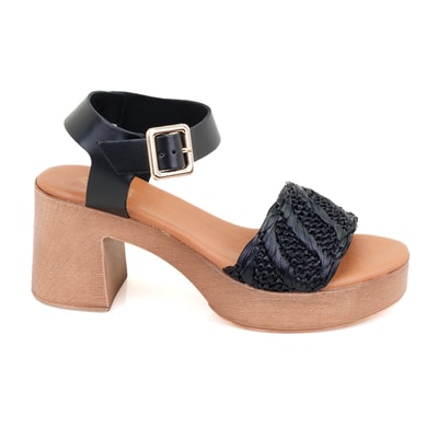 Kadın Siyah Hasır Topuklu Deri Sandalet