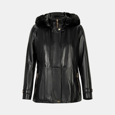 Kadın Siyah Kapüşonlu Deri Mont