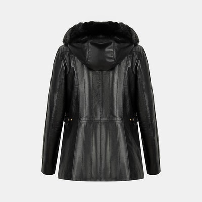 Kadın Siyah Kapüşonlu Deri Mont