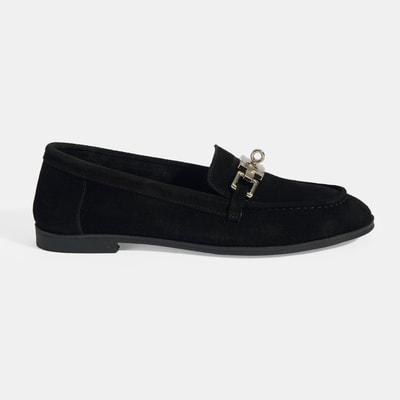 Kadın Siyah Kilit Aksesuarlı Slip-On Süet Loafer
