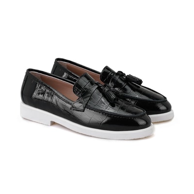 Kadın Siyah Kroko Baskılı Deri Loafer