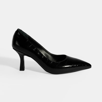 Kadın Siyah Kroko Baskılı Deri Stiletto