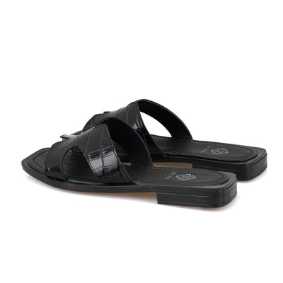 Kadın Siyah Kroko Baskılı Deri Terlik