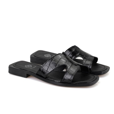 Kadın Siyah Kroko Baskılı Deri Terlik