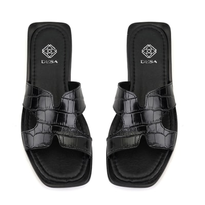 Kadın Siyah Kroko Baskılı Deri Terlik
