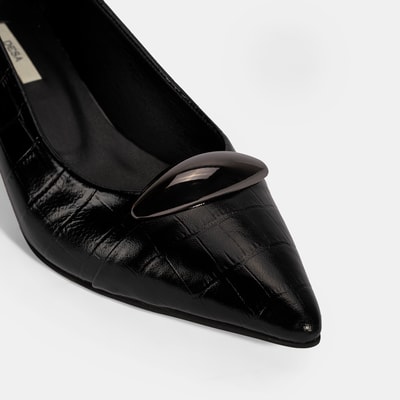 Kadın Siyah Kroko Baskılı Deri Topuklu Ayakkabı