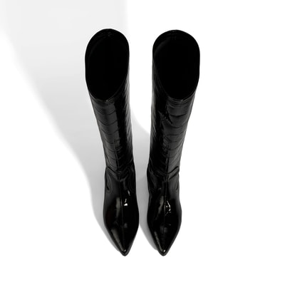 Kadın Siyah Kroko Baskılı İnce Topuklu Rugan Deri Çizme