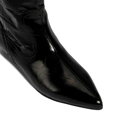 Kadın Siyah Kroko Baskılı İnce Topuklu Rugan Deri Çizme