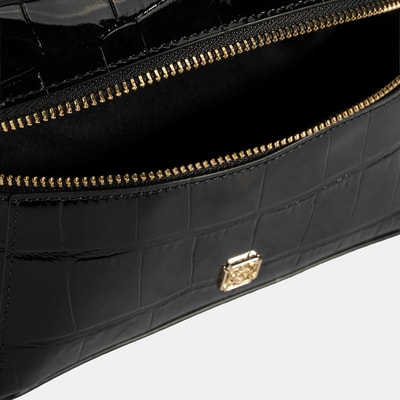 Kadın Siyah Kroko Baskılı Mini Deri El Çantası