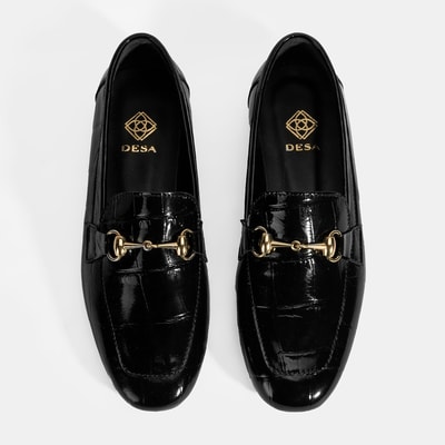 Kadın Siyah Kroko Baskılı Toka Detaylı Deri Loafer