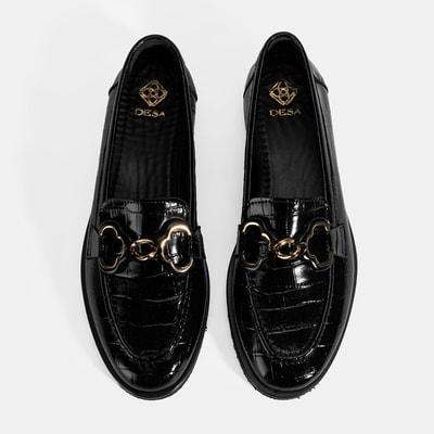 Kadın Siyah Kroko Baskılı Toka Detaylı Deri Loafer