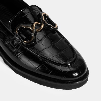 Kadın Siyah Kroko Baskılı Toka Detaylı Deri Loafer