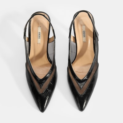 Kadın Siyah Kroko Desenli Fileli Abiye Topuklu Ayakkabı