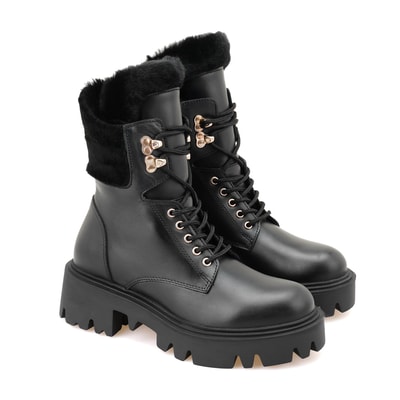 Kadın Siyah Kürk Detaylı Deri Bot