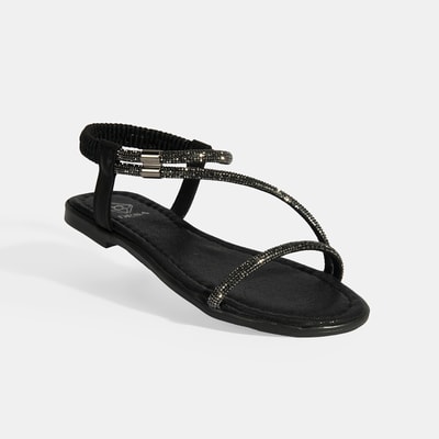 Kadın Siyah Lastik Bantlı Taşlı Sandalet