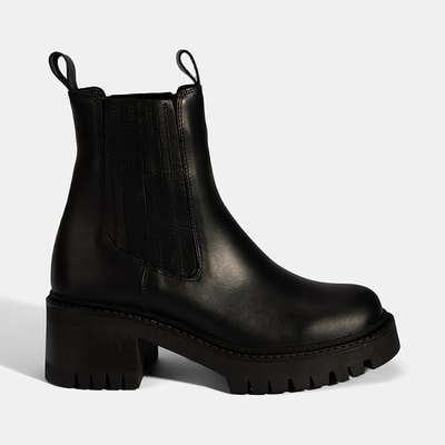 Kadın Siyah Lastikli Topuklu Deri Chelsea Bot